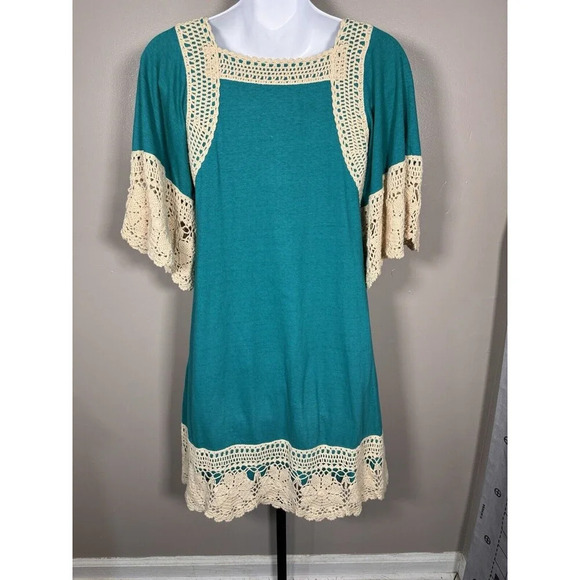 Judith March Small  Teal  Bell Sleeve Tunic Crochet Boho Style Midi Dress - Picture 4 of 10